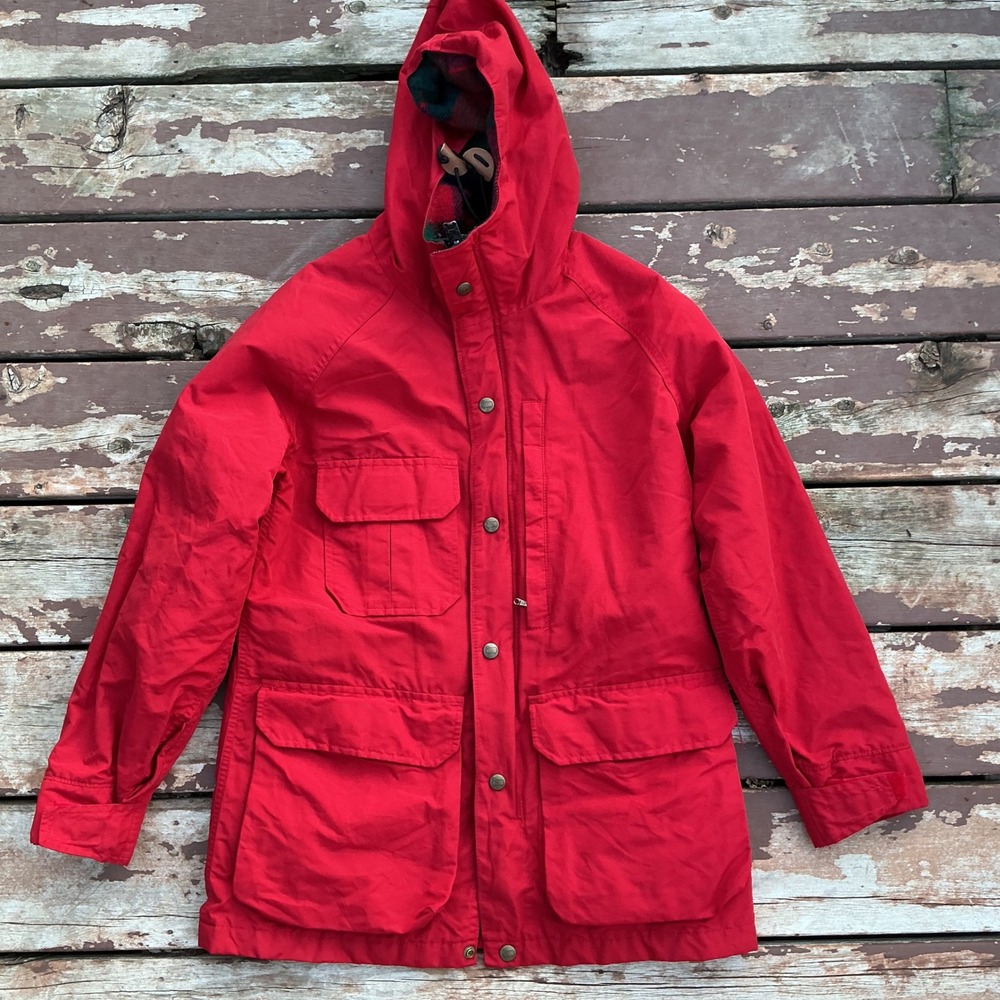 Woolrich Mountain Parka Wms S Red Plaid Wool Lined Hooded Field Jacket USA 80s